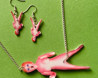 Sex doll cute original handmade gift jewellery ooak necklace earring set silver kooky emo alt
