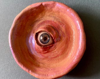 Miniature eye trinket bowl - tiny bowl hand painted with eyeball feature - iridescent blue glaze - emo cute goth weirdcore funny odd gift