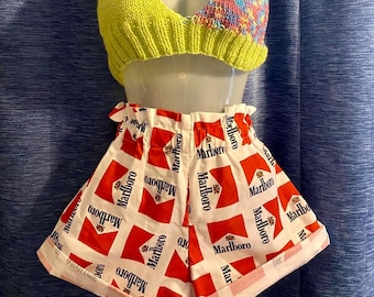 Marlboro cigarette vintage style paper bag handmade shorts size small medium uk6-10 ooak fun novelty unique smoker