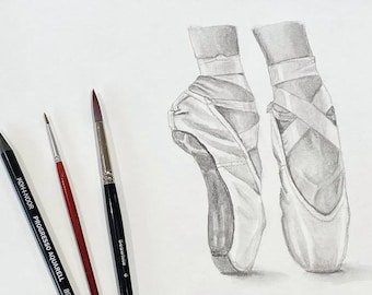 Original Artwork -  graphite aquarelle ballet pumps shoes - watercolour paper. OOAK Art piece hand painted. A4 size