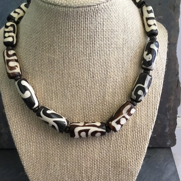 Mens Batik Bone Choker,  Ethnic Necklace, Vintage, Beads,  Batik Bone Necklace, Brown And White, Boho, Tribal, Mens Jewelry, Uisex