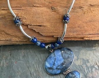 Lapis and Sodalite Pendant Choker, Blue Necklace Beaded, Gift for Her