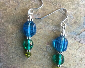 Teal and Green Earrings, Blue Green Jewelry,  Multicolor, Drop Earrings, Glass, Vibrant, Gift For Her