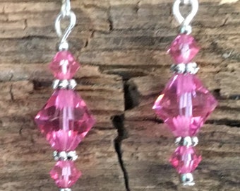 Pink Crystal Earrings, Drop, Pink Jewelry, Beaded, Gift For Her