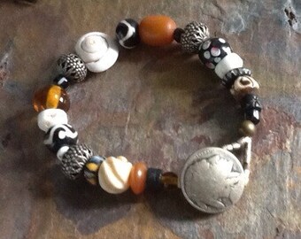 Vintage African Trade Bead Bracelet, African. Black and White, Boho, Ethnic, Bone, Shell, Copal,  Beaded