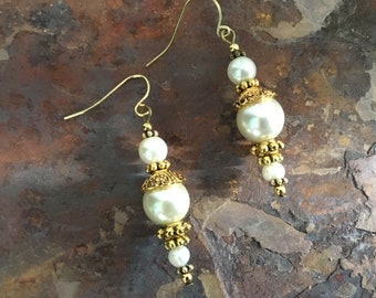White Pearl and Gold Earrings, Gemstone Gold and Pearl Jewelry, White Cultured Pearls, Semiprecious