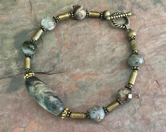 Mens Gemstone Agate Bracelet, Gray, Beaded, Semi Precious, Mens Jewelry, Gift for Him