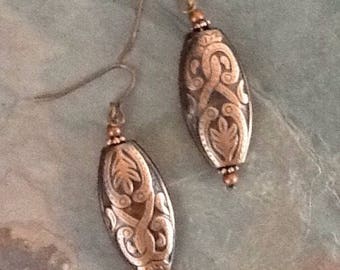 Ornate Copper Earrings, Etched Copper, Drop Earrings, Mothers Gift, Copper Jewelry, Gift For Her