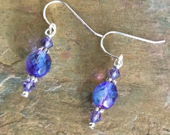 Purple Glass Faceted Earrings, Blue Iridescent, Drop, Lustrous. Gift For Her