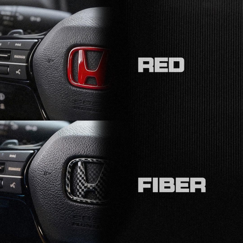 May include: Image showing a black steering wheel with a red Honda emblem and the word "RED" in white. Below, a steering wheel with a carbon fibre Honda emblem and the word "FIBER" in white.