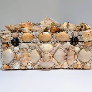 May include: A rectangular storage box completely covered in a mosaic of various seashells in shades of cream, tan, beige, and brown. The exterior features a dense arrangement of spiral, bivalve, and small round shells with two metal latches.