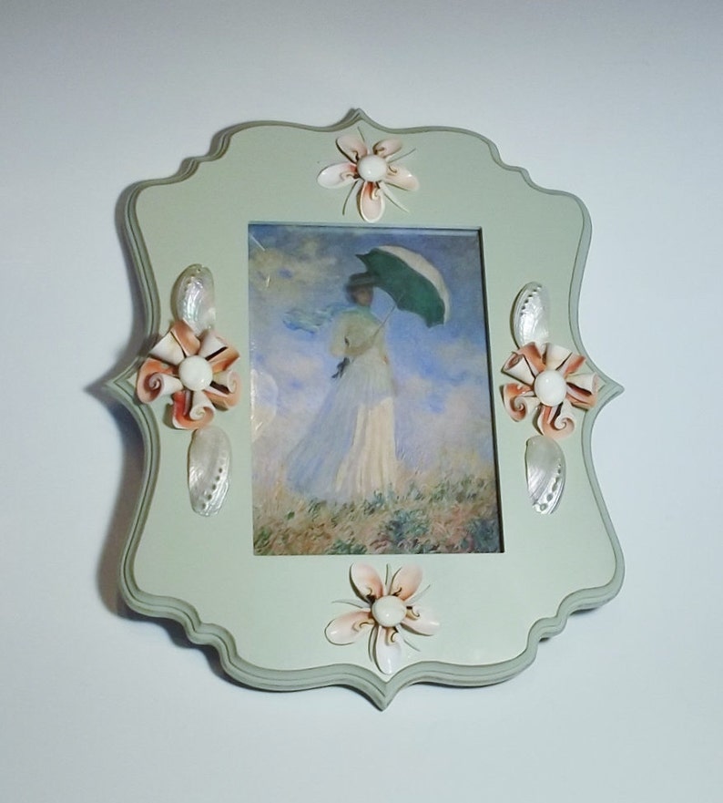 Elegant Light Sage Green Picture Frame With Lily Cut Handmade Seashell