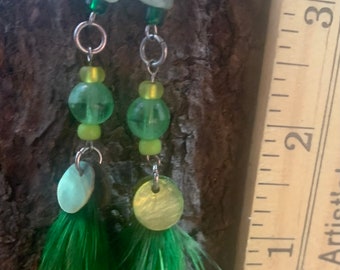 Prehnite with Epidote Green Shells and feathers Earrings