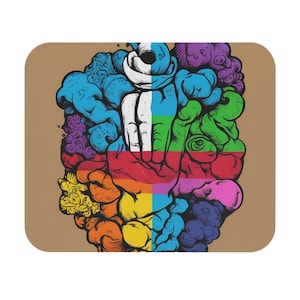 Może przedstawiać: Kolorowy abstrakcyjny wzór w kolorystyce tęczy. Wzór przedstawia dłoń z białym okiem w środku. Dłoń jest otoczona różnymi kształtami i fakturami.