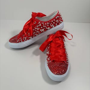 cute one of a kind red and cream canvas sneakers