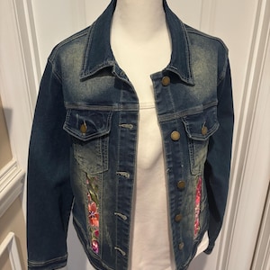 One of a kind, ladies, blue, jean jacket with mesh embroidery