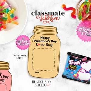 Könnte beinhalten: Valentinstag-Grafik mit einem Glas-Design, Text mit "Happy Valentine's Day Love Bug!" und "8 Vibrant Colors." Enthält eine Tüte Trolli Sour Brite Crawlers minis und Schalen mit Gummibärchen.
