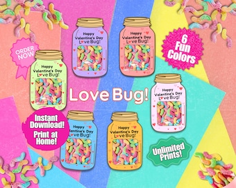 Printable Classroom Valentine Cards | Mason Jar Love Bug Valentines for Kids | DIY Valentine’s Day Card Instant Download