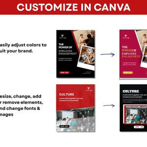 Puede incluir: Imagen que muestra el texto "CUSTOMIZE IN CANVA" en rojo. Destaca la capacidad de ajustar los colores y modificar elementos, fuentes e im&aacute;genes. Se muestran ejemplos de cambios de dise&ntilde;o con el texto "THE POWER OF EMPLOYEE ENGAGEMENT" y "CULTURE".