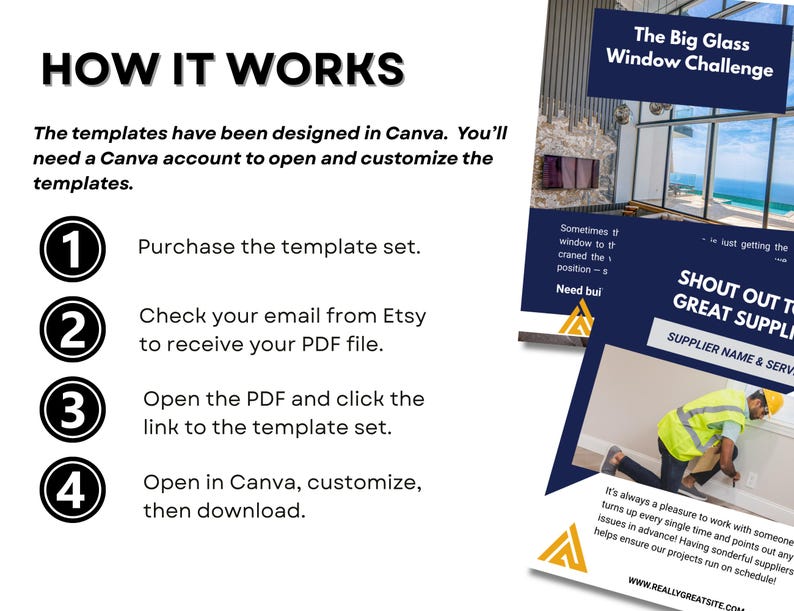 This page outlines how it works when you purchase the set of 40 Canva templates for builders in blue, gray and white. Buyers get an email from Etsy after making payment. The email contains a PDF which has a link to the templates on Canva. Using a free account, the purchaser can then open and edit the templates to suit their brand and messages. A further two post templates are displayed as illustration on the page.