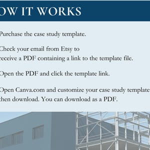 This page describes how it works when you purchase the blue case study template from the Savvy Social Sets store: the buyer receives an email containing a PDF that links to the template. The buyer clicks the link and opens the template in Canva, edits to suit, and downloads as a PDF. There's an image of a construction projects across the bottom of the page as an illustration.