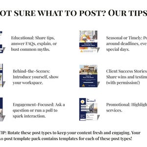 This page offers tips for people who aren't sure what to post. It suggests 6 broad categories including: educational posts, promotional, engagement posts, seaaonal or time-related, client success stories, and behind the scenes stories. Next to each category suggestion is a small image of a post from the template pack that fits that category.