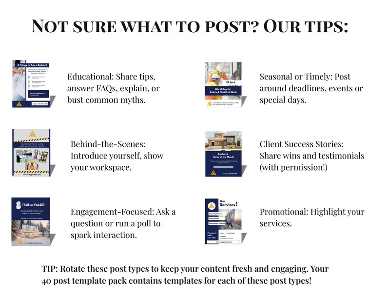 This page offers tips for people who aren't sure what to post. It suggests 6 broad categories including: educational posts, promotional, engagement posts, seaaonal or time-related, client success stories, and behind the scenes stories. Next to each category suggestion is a small image of a post from the template pack that fits that category.