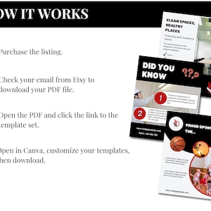 This explains how it works when you purchase the template pack. Once payment is made, Etsy sends an email that has a PDF attachd. This PDF contains a link to the templates on Canva. Using a free or paid Canva account, you can then access and customize your templates.