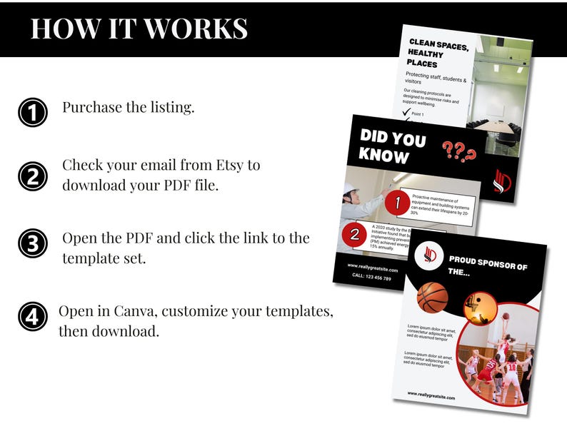 This explains how it works when you purchase the template pack. Once payment is made, Etsy sends an email that has a PDF attachd. This PDF contains a link to the templates on Canva. Using a free or paid Canva account, you can then access and customize your templates.