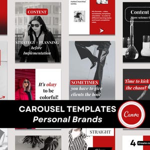 May include: A collection of social media carousel templates for personal brands featuring a red, black, and white color scheme. The designs include various layouts with text overlays such as CONTENT, STRATEGY + PLANNING, and CAROUSEL TEMPLATES Personal Brands.