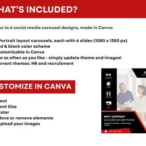 Puede incluir: Gr&aacute;fico de marketing digital con el texto &laquo;&iquest;QU&Eacute; INCLUYE?&raquo; y &laquo;PERSONALIZAR EN CANVA&raquo;. La imagen detalla 6 dise&ntilde;os de carrusel de redes sociales, una combinaci&oacute;n de colores rojo y negro y elementos personalizables. La imagen incluye un gr&aacute;fico con el texto &laquo;POR QU&Eacute; LA CULTURA DE LA EMPRESA LO ES TODO&raquo;.
