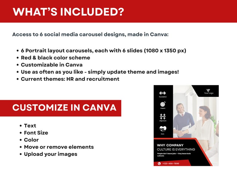 Puede incluir: Gr&aacute;fico de marketing digital con el texto &laquo;&iquest;QU&Eacute; INCLUYE?&raquo; y &laquo;PERSONALIZAR EN CANVA&raquo;. La imagen detalla 6 dise&ntilde;os de carrusel de redes sociales, una combinaci&oacute;n de colores rojo y negro y elementos personalizables. La imagen incluye un gr&aacute;fico con el texto &laquo;POR QU&Eacute; LA CULTURA DE LA EMPRESA LO ES TODO&raquo;.