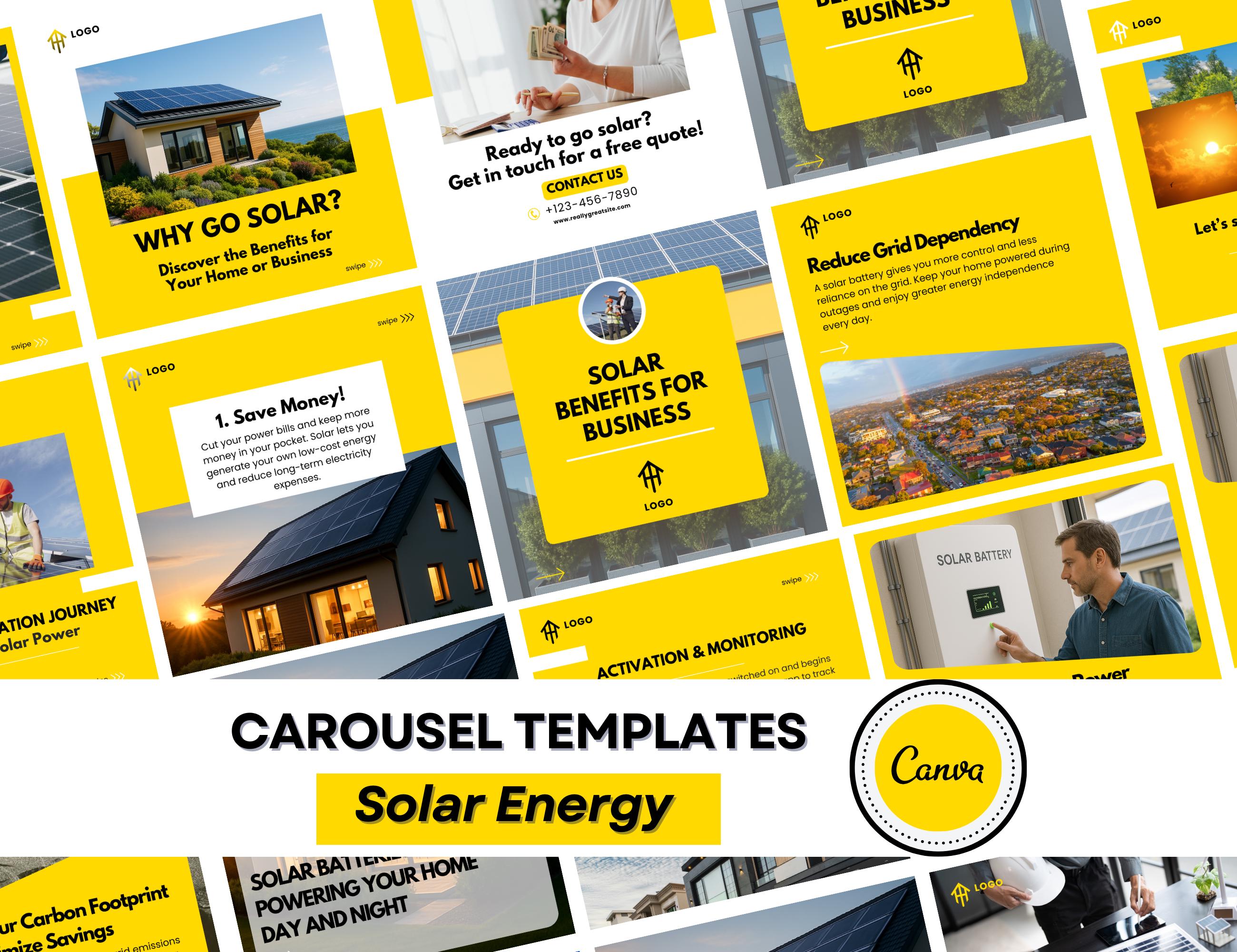 Social Media Templates Solar Energy | 4 Canva Editable Carousels ...