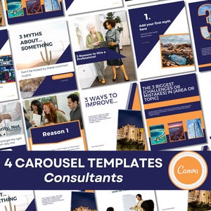 May include: A collection of digital social media carousel templates for consultants featuring a dark blue and orange color scheme. The layouts include placeholders for text, images of cityscapes, landscapes, and professional settings, with the Canva logo.