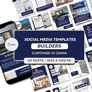 Digital Listing for 40 Construction (Builder) social media templates in blue, gray and white. They are Canva editable templates. Several examples are displayed diagonally across the page.