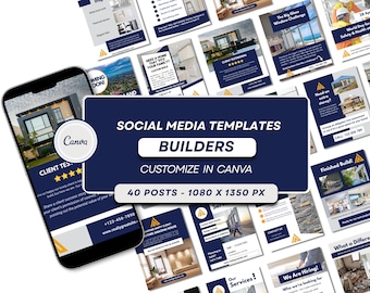 Construction Social Media Templates: Builder Marketing | 40 Canva Editable Posts in Blue, Gray & White