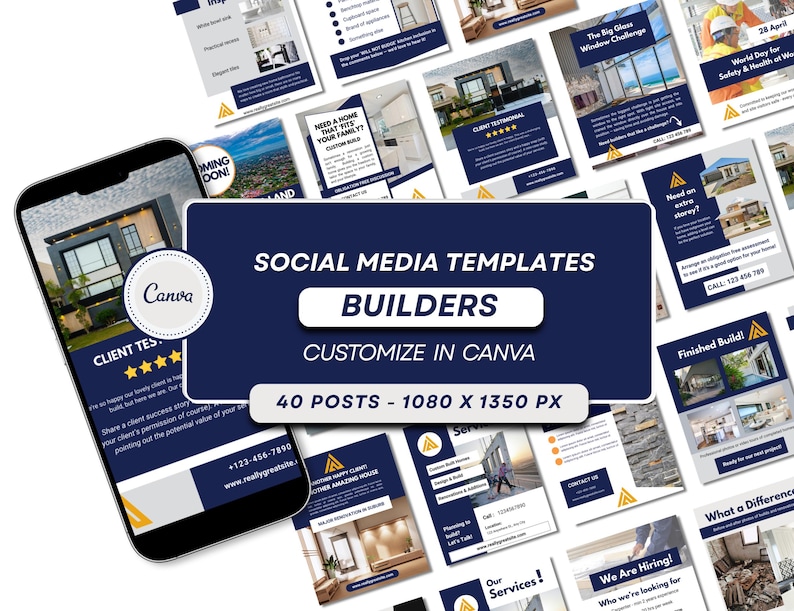 Digital Listing for 40 Construction (Builder) social media templates in blue, gray and white. They are Canva editable templates. Several examples are displayed diagonally across the page.