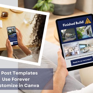 A promotional page for blue construction social media templates. The page displays two post templates in devices as examples.