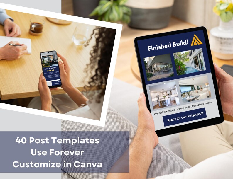 A promotional page for blue construction social media templates. The page displays two post templates in devices as examples.