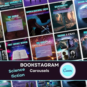 May include: A digital collection of science fiction book review carousel templates featuring dark space-themed backgrounds, neon blue text headers, and placeholders for book summaries, world-building notes, and thematic analysis, branded with a Canva logo.
