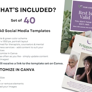 This page outlines what's included in the therapist social media template set: 40 Canva post designs with a purple and green color scheme. They're designed for therapists, counselors, psychologists, and mental wellness coaches. They're have a portrait layout 1080 x 1350 px.