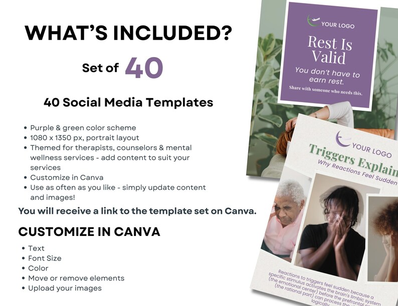 This page outlines what's included in the therapist social media template set: 40 Canva post designs with a purple and green color scheme. They're designed for therapists, counselors, psychologists, and mental wellness coaches. They're have a portrait layout 1080 x 1350 px.