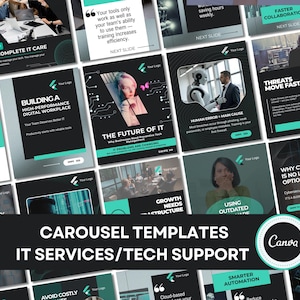 Könnte beinhalten: Eine Sammlung von schwarzen und türkisfarbenen Karussellvorlagen für IT-Dienstleistungen und technischen Support. Die Vorlagen zeigen verschiedene Designs mit Text wie "Complete IT Care", "Building a High-Performance Digital Workplace" und "The Future of IT". Das Canva-Logo ist ebenfalls sichtbar.