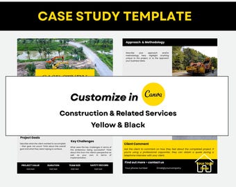 Szablon studium przypadku z branży budowlanej | Żółty i czarny | 2-stronicowy format A4, edytowalny w Canva