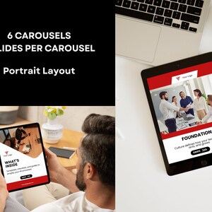 Puede incluir: Dos tabletas que muestran diapositivas de presentaci&oacute;n comercial con detalles en rojo y blanco. Una tableta la sostiene una persona, la otra est&aacute; sobre una superficie blanca junto a un port&aacute;til. El texto en las diapositivas incluye "6 CAROUSELS", "6 SLIDES PER CAROUSEL", "Portrait Layout", "WHAT'S INSIDE" y "FOUNDATION".