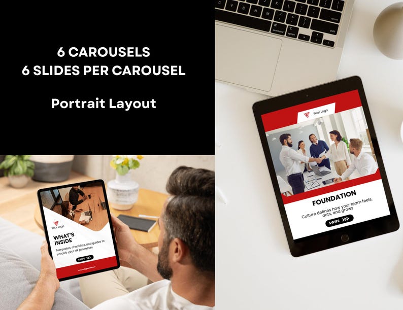 Puede incluir: Dos tabletas que muestran diapositivas de presentaci&oacute;n comercial con detalles en rojo y blanco. Una tableta la sostiene una persona, la otra est&aacute; sobre una superficie blanca junto a un port&aacute;til. El texto en las diapositivas incluye "6 CAROUSELS", "6 SLIDES PER CAROUSEL", "Portrait Layout", "WHAT'S INSIDE" y "FOUNDATION".
