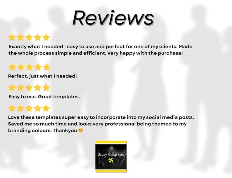 May include: Image with the word "Reviews" in large black text. Below are customer reviews with gold star ratings. A small graphic with the text "Savvy Social Sets" is in the bottom right corner.