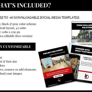 Page outlines the inclusions in the social media package: 40 post templates in a red, black and gray color scheme with a portrait layout (1080 x 1350 px and 4:5 ratio). Templates are customizable in Canva.