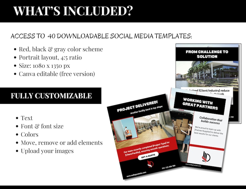 Page outlines the inclusions in the social media package: 40 post templates in a red, black and gray color scheme with a portrait layout (1080 x 1350 px and 4:5 ratio). Templates are customizable in Canva.