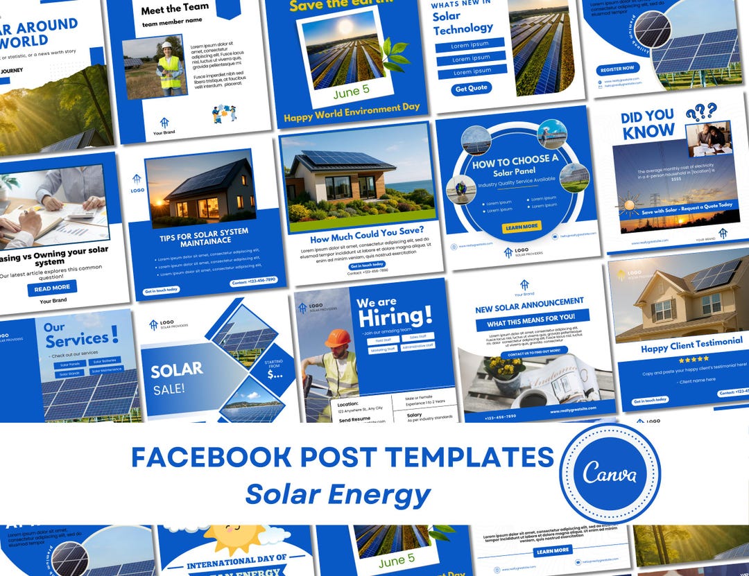 Social Media Templates Solar Energy: Canva Editable Posts in Blue and ...